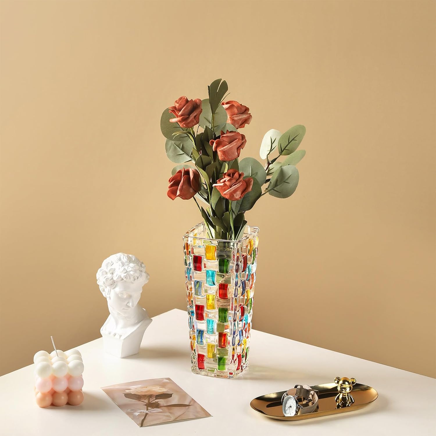 VanEnjoy 7.7 inch Colored Glass Vase Hand Blown Glass Vase for Flower Unique Mosaic Vase Flower Vase for Home Office Decor Glass Mexican Vase for Floral Arrangement Centerpieces
