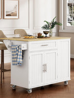 OtterOasis Kitchen Island with Storage, 43.3" Rolling Kitchen Island Cart on Wheels with Wide Drop Leaf Rubberwood Top, Large Mobile Island Table with Trash Can Storage and Towel Bar, White