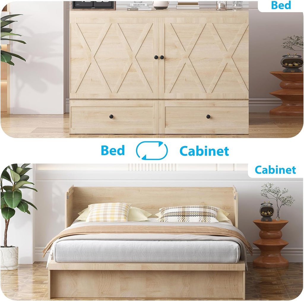 Mjkone Murphy Bed with Tri-Folding Mattress, Queen Hidden Cabinet Bed with Built-in USB Charging Station and 2 Storage Drawers, Foldable Wall Cabinet Beds for Living Room, Natural Wood Color