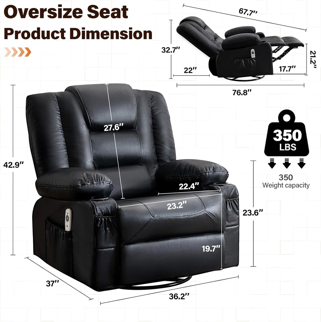 MAHOMICO Swivel Rocker Recliner Chair with Vibration Massage and Heat for Living Room,with Rocking Function and Side Pocket, PU Leather USB Charge Port,2 Cup Holders