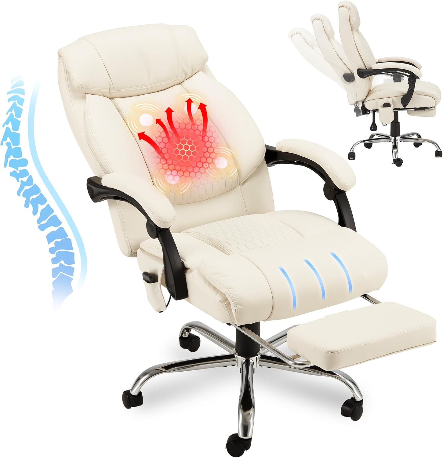 HOMREST Heated Office Chair, Beige | Vibrating Massage, Ergonomic Executive Desk Chair, Retractable Footrest and Lumbar Support, High-Back Reclining PU Leather