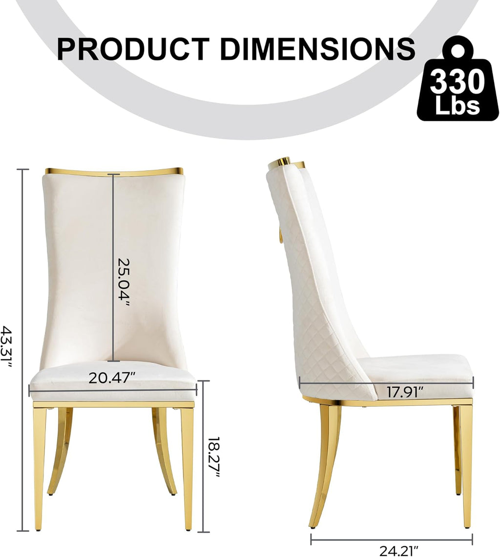 RGZ Modern High Back Upholstered Dining Chairs Set of 8, Beige Velvet Kitchen Side Chairs, Luxury Dining Accent Chairs with Comfy Cushion, Golden Stainless Steel Legs for Dining Room Home(Only Chairs)