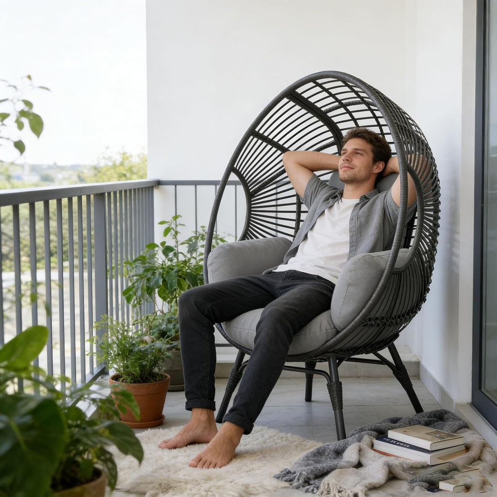 Egg Chair Wicker with 8-Inch Cushion, Indoor Outdoor, 400lbs Capacity, Rust-Resistant Balcony Chairs(Black+Gray)