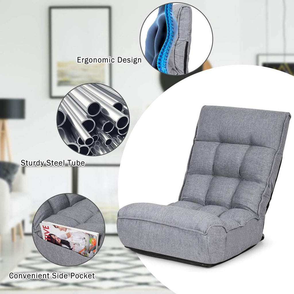 Giantex Floor Chairs for Adults with 4-Position Adjustable Back, 6-Position Adjustable Headrest, Side Pocket, No Assembly Required, Banana Chair, Folding Floor Gaming Chair, Grey