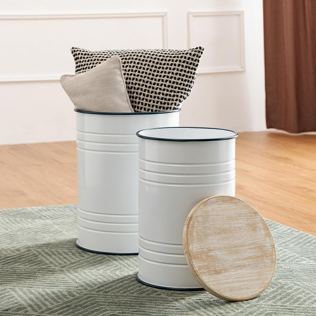 Glitzhome Nesting Tables for Living Room, Round Coffee Tables Set of 2, Metal Farmhouse Small Accent End Table with Storage and Lid for Bedroom Office Plant Stander, White