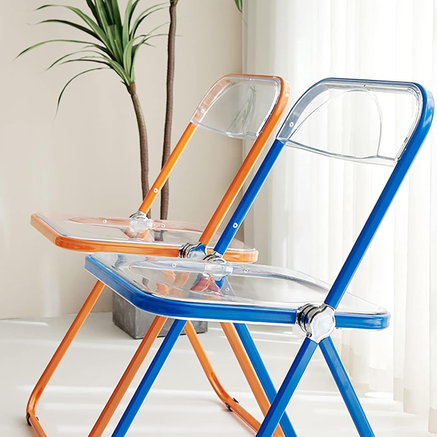 Modern Clear Acrylic Folding Chairs Transparent Plastic Construction for Living Room Unique Style Green Seat(Red)