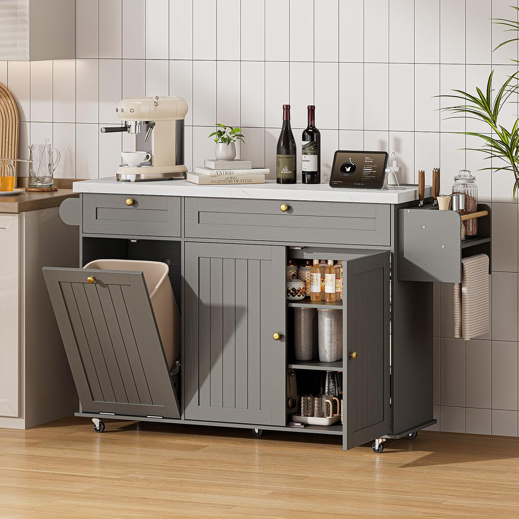 ONBRILL 60" Kitchen Island with Power Outlet & Drop Leaf, Rolling Island with Spice Rack & Towel Rack, Kitchen Island Cart with Trash Storage Cabinet, Island Table for Kitchen, Grey+Imitation Marble