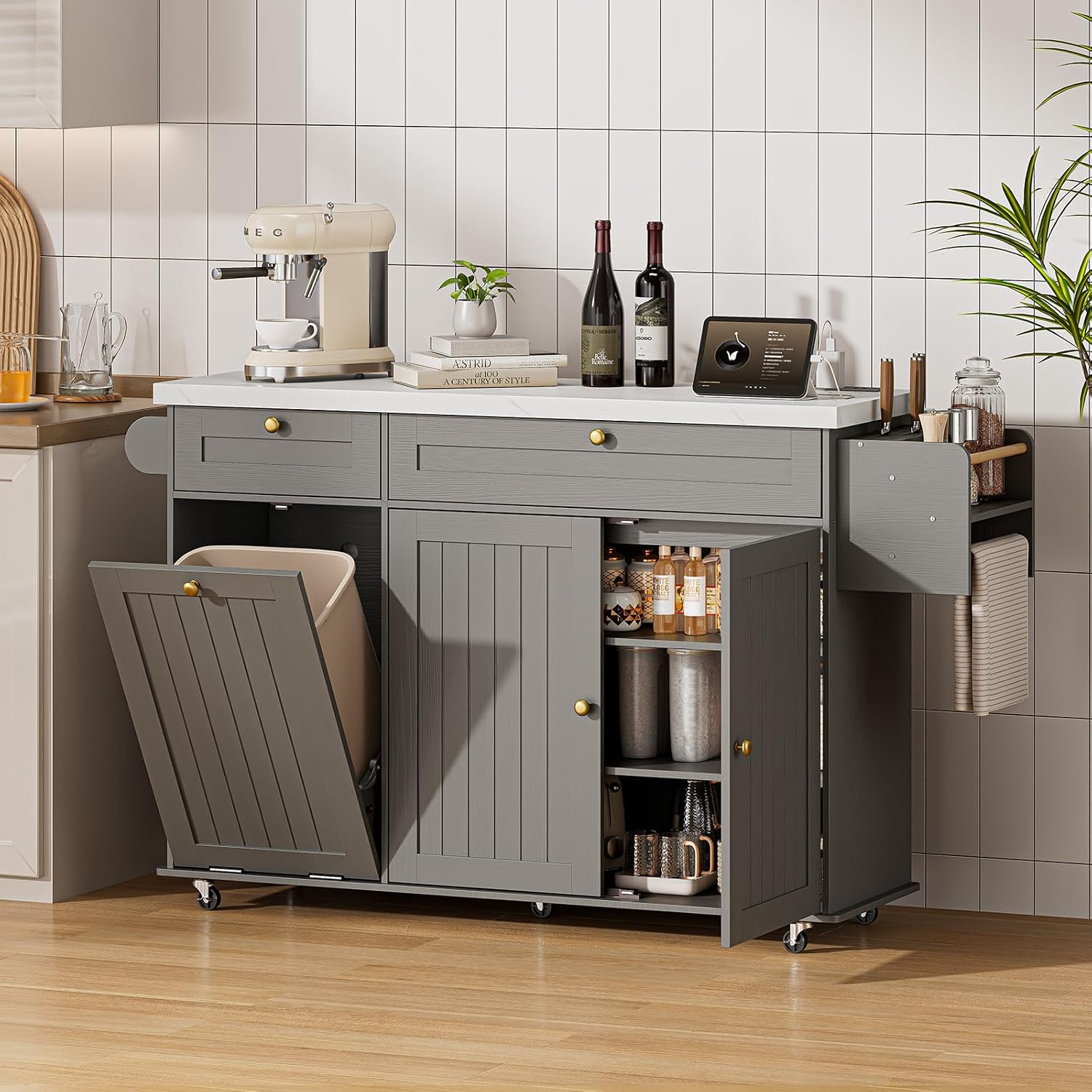 ONBRILL 60" Kitchen Island with Power Outlet & Drop Leaf, Rolling Island with Spice Rack & Towel Rack, Kitchen Island Cart with Trash Storage Cabinet, Island Table for Kitchen, Grey+Imitation Marble