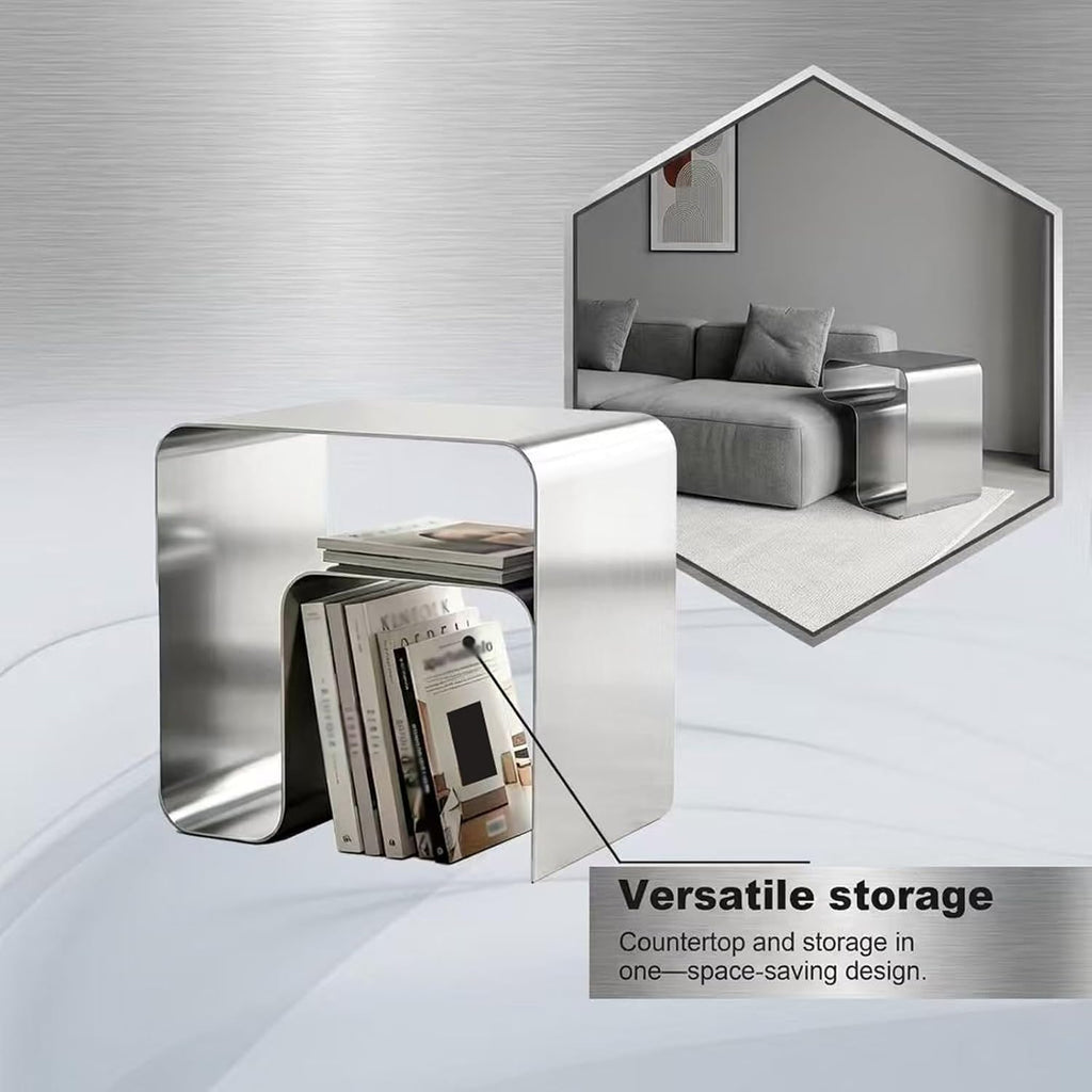 Minimalist Stainless Steel End Table, Modern Metal Frame Side Table and Sofa Table, Silver Accent Coffee Table, Elegant Small Nightstand with Magazine Rack Storage for Living Room Bedroom Office