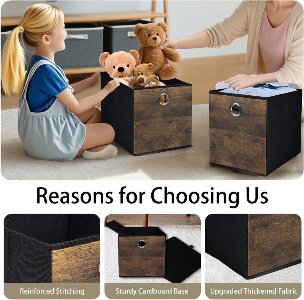4 Pack Durable Storage Cube Bin with Decorative Wood Grain,Stylish Thickened Fabric Cube Box,Space-saving Storage Basket for Shelves,Closet,Office,Bedroom,Living Room,Nursery,Dorm,RV,13x13x13in(Large)