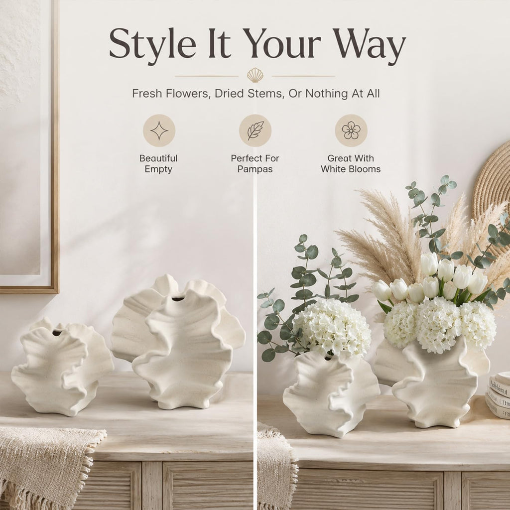 White Coral Vase Set of 2, Rustic Ceramic Flower Vase, Boho Farmhouse Coastal Charm Style, Decorative Pampas Vases for Home Living Room, Kitchen, Coffee Table, Bathroom, Shelf, Entryway & Fireplace