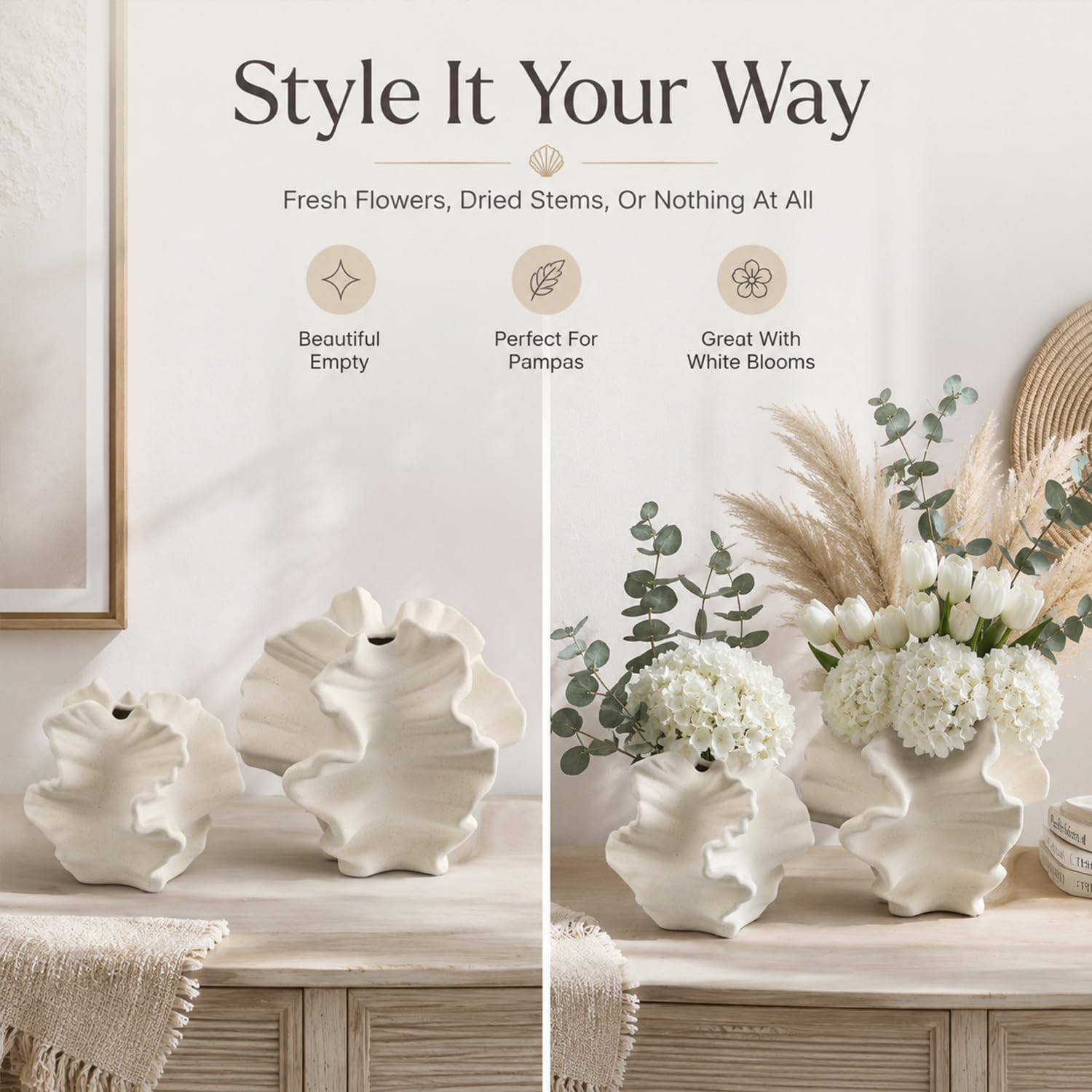 White Coral Vase Set of 2, Rustic Ceramic Flower Vase, Boho Farmhouse Coastal Charm Style, Decorative Pampas Vases for Home Living Room, Kitchen, Coffee Table, Bathroom, Shelf, Entryway & Fireplace