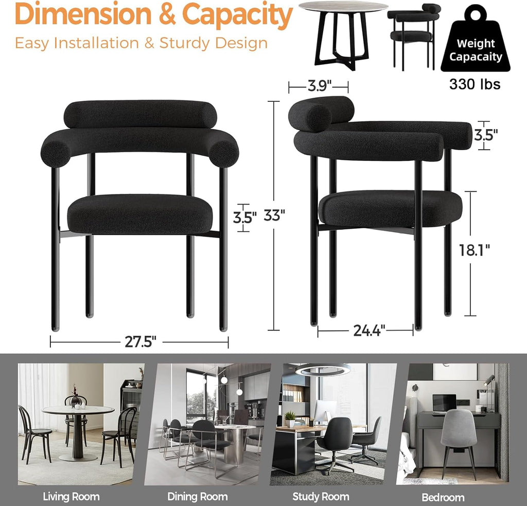 STHOUYN Modern Black Dining Chairs Set of 4 for Kitchen & Dining Room, Boucle Dining Chair with Arms, Barrel Dinner Chairs with Metal Legs & Curved Backres (4PCS, Black)