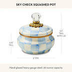 MACKENZIE-CHILDS Enamel Squashed Pot, Enamelware Storage Canister with Lid, 20-Ounce Capacity, Light-Blue-and-White Sky Check