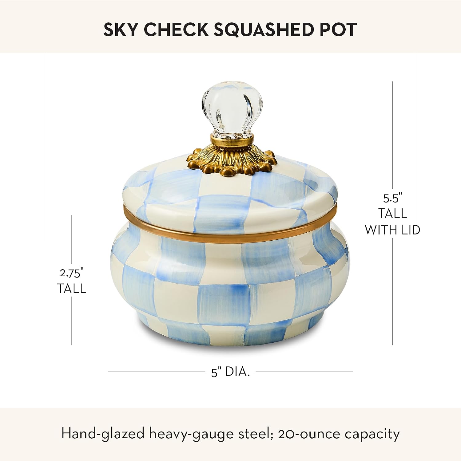 MACKENZIE-CHILDS Enamel Squashed Pot, Enamelware Storage Canister with Lid, 20-Ounce Capacity, Light-Blue-and-White Sky Check