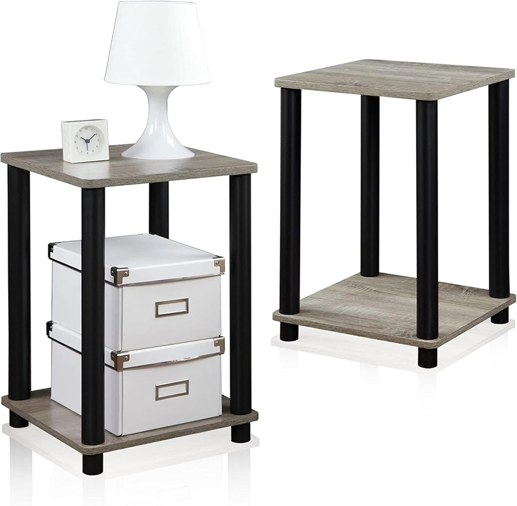 Furinno Turn-N-Tube Toolless Assembly Side Table Set of 2, Stackable 2-Tier Grey End Table with Open Shelf, Night Stand, Bedside Table, for Living Room, Bedroom, Grey Oak