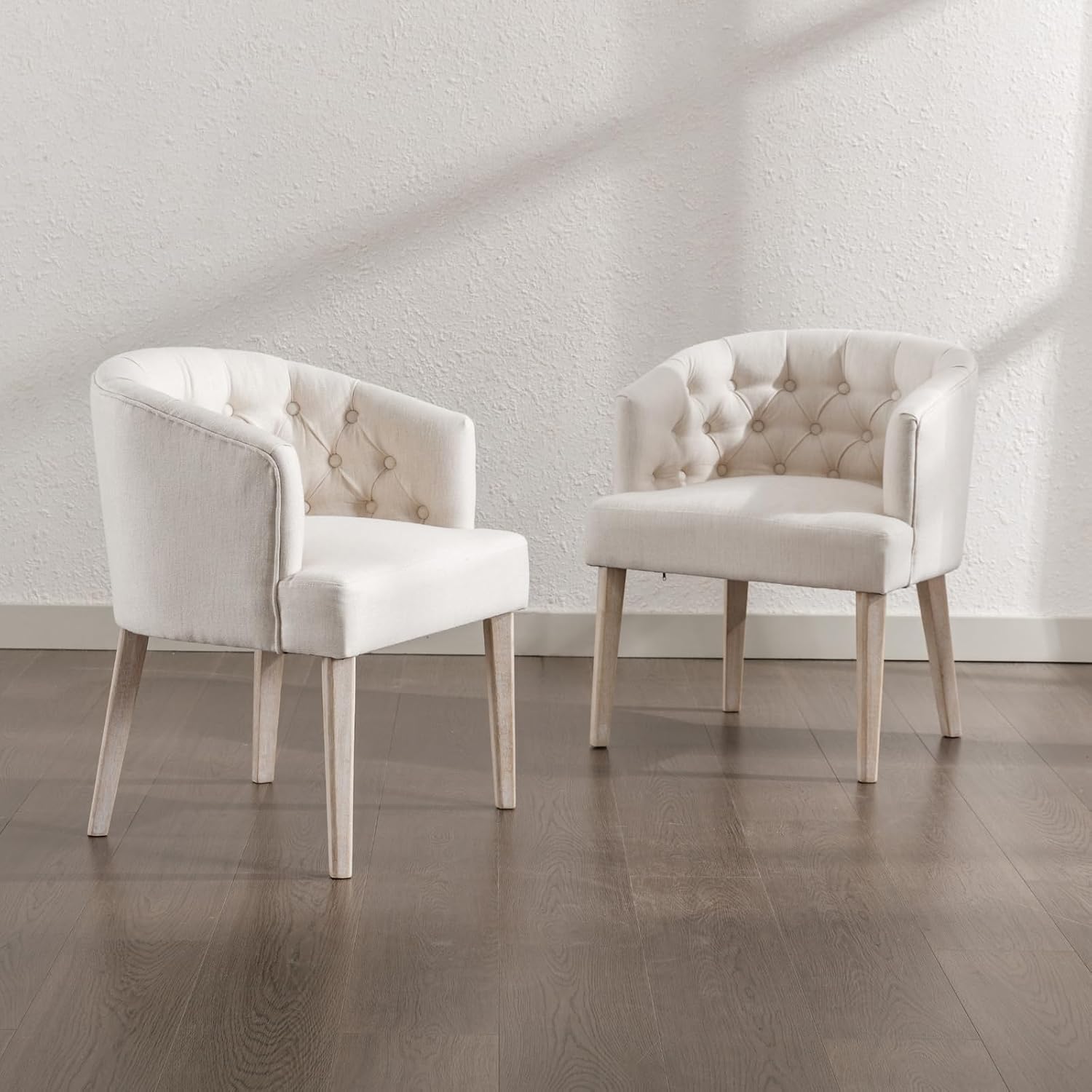 HEAH-YO Modern Dining Chairs Set of 4, Tufted Dining Room Chairs with Barrel Backrests, Upholstered Linen Kitchen Chair for Dining Room, White