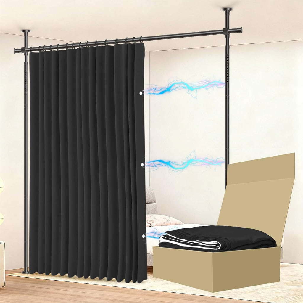 JILRON No-Drill Room Divider Curtain Set: Includes 106" W x 84" L Black Curtain & Adjustable Pole Brackets (35-100" W x 43-120" H Adjustable Range)