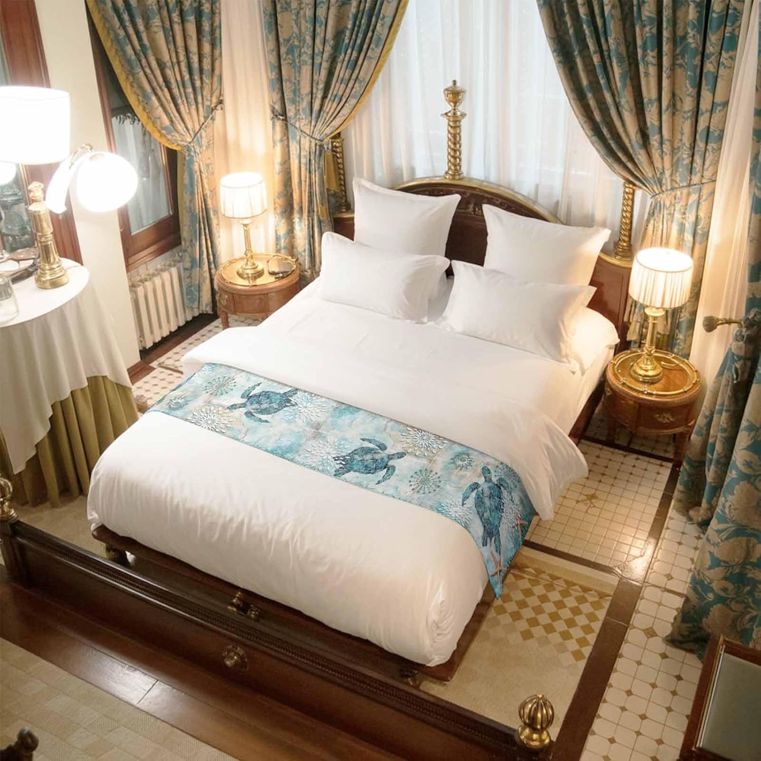 Bed Runner for King Size Bed, Coastal Sea Turtle Decorative Bed Runners Scarves for Bedroom, Teal Nautical Beach Starfish Vintage Washable Bedding Scarf Cover Bed Runner for Foot of Bed