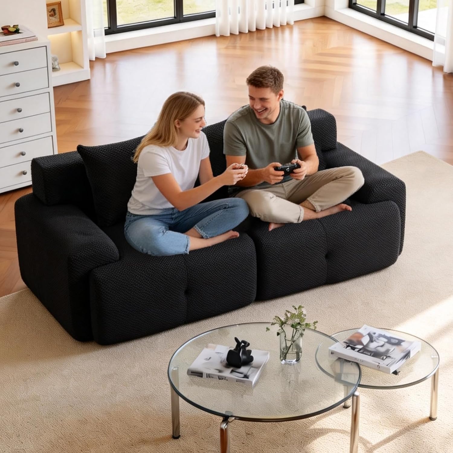 Modern Loveseat Sofa, 73.2" Black Boneless Couch with Spring and Foam Fill, Soft Pineapple Lattice Material, No Assembly Required for Living Room & Guest Room