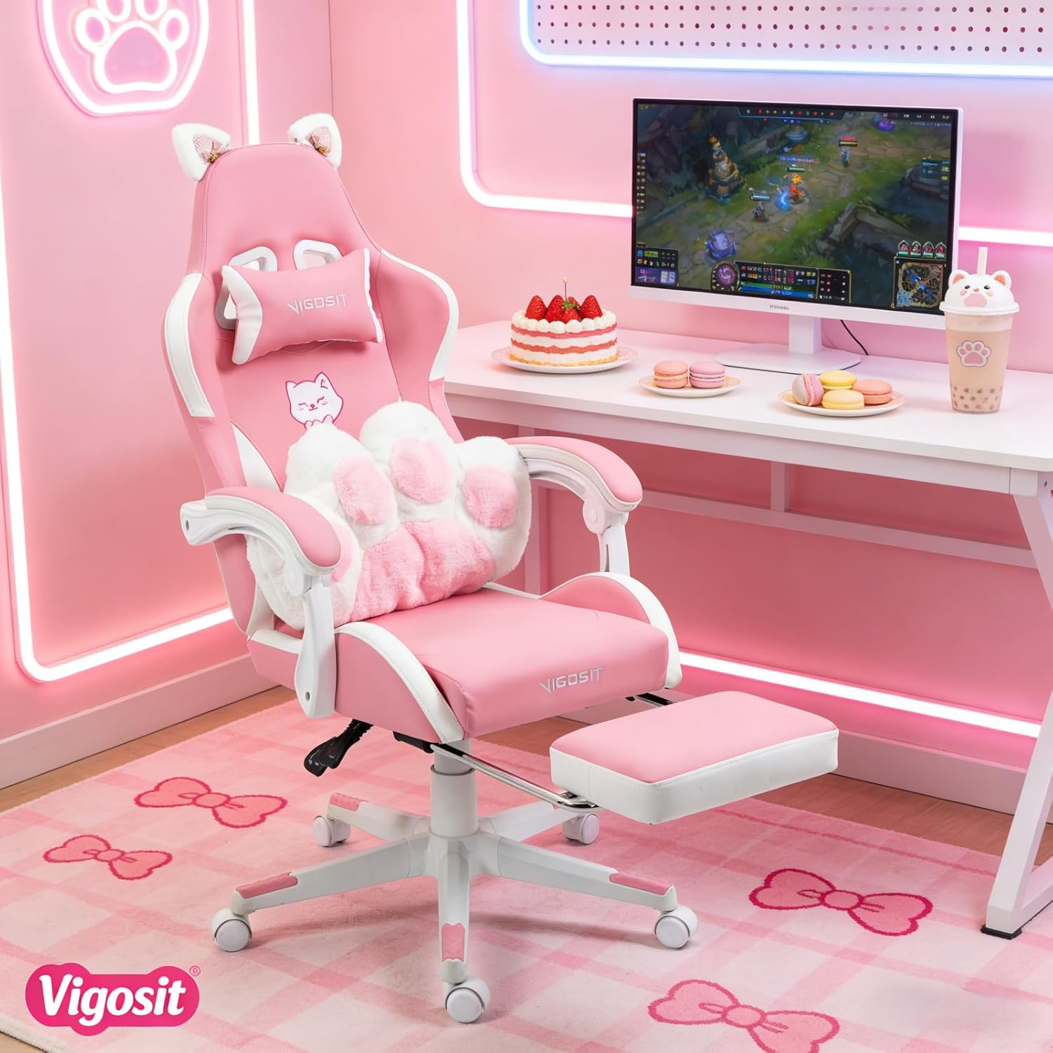 Vigosit Pink Cat Ear Gaming Chair with Footrest - Cute Gaming Chair for Girls, 310lbs Capacity, Adjustable Height & Lumbar Support, Ergonomic Computer Chair for Teens