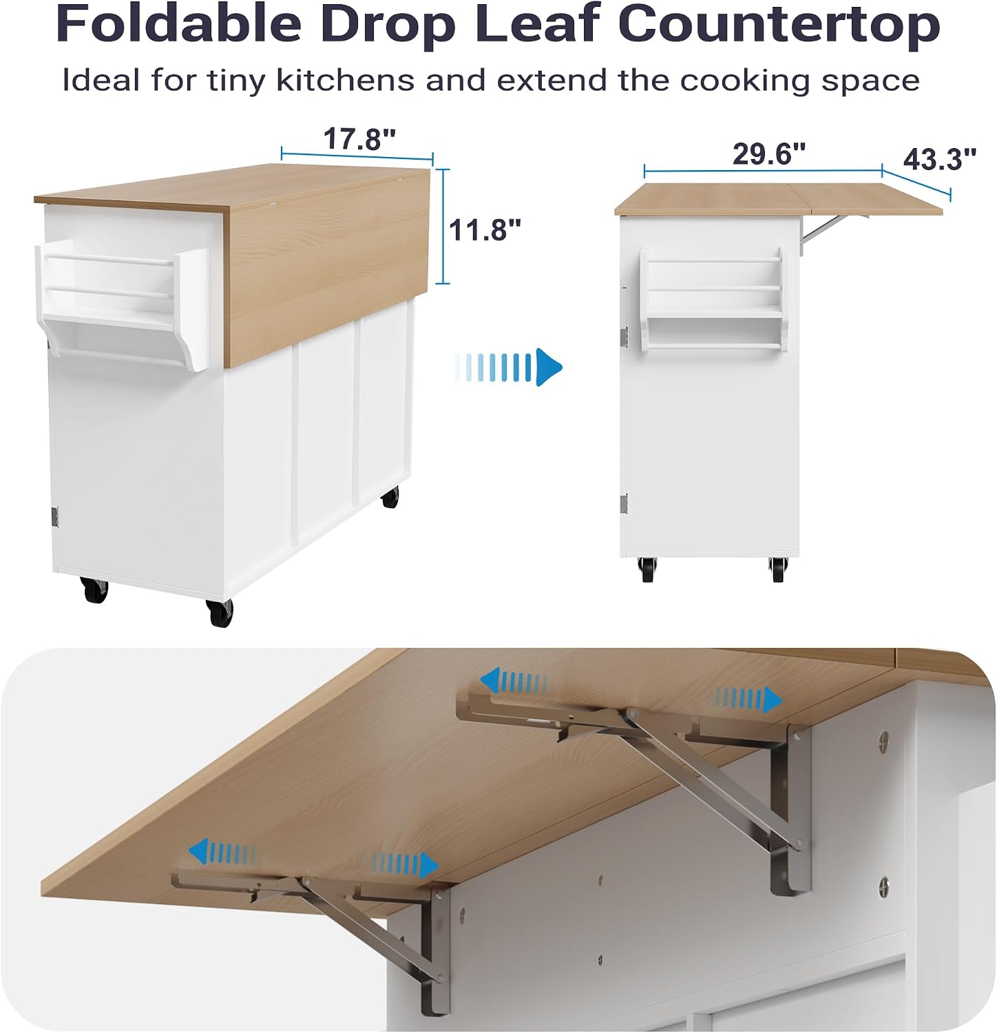 Furnify Kitchen Island with Wheels & Drawers, Kitchen Island Cart, White | Rolling Kitchen Island with Drop Leaf, Mobile Kitchen Storage Cabinet with Towel Rack & Spice Rack for Dining Room, Kitchen