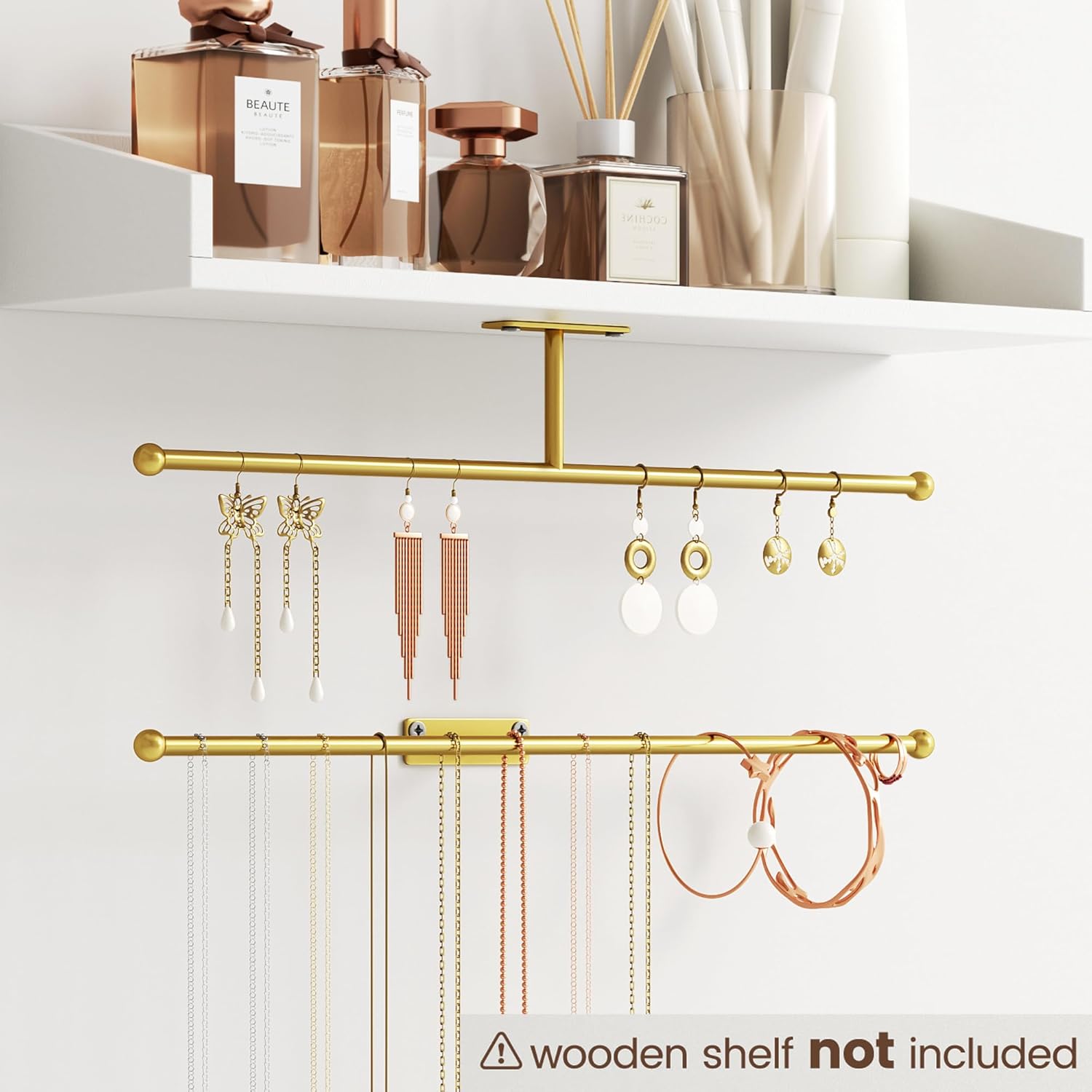 Wall Hanging Jewelry Organizer: 12.6'' Necklace Holder for Earring, Bracelet, Rings, Hairband, Glasses, Gold 4-Pack, Screws Included