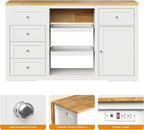 RoyalCraft 59'' Kitchen Island with Storage and Drop Leaf, Kitchen Island Table, Coffee Station Cabinet with Solid Rubber Wood Top, Pull-Out Trays, Drawers, Adjustable Shelves, Power Outlet, White
