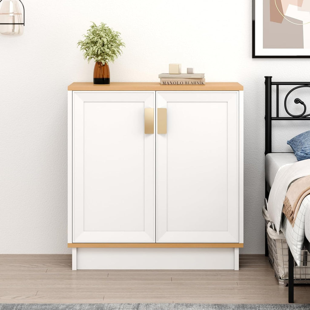 PROXRACER 32" Sideboard Buffet Cabinet with Storage, Adjustable Shelves & Shaker Doors, Rustic Storage Cabinet with Gold Handles for Kitchen, Dining Room, White