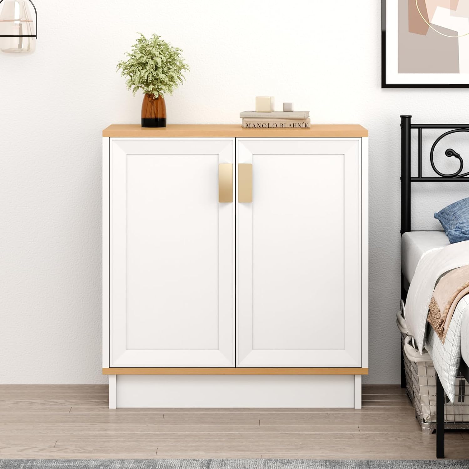 PROXRACER 32" Sideboard Buffet Cabinet with Storage, Adjustable Shelves & Shaker Doors, Rustic Storage Cabinet with Gold Handles for Kitchen, Dining Room, White