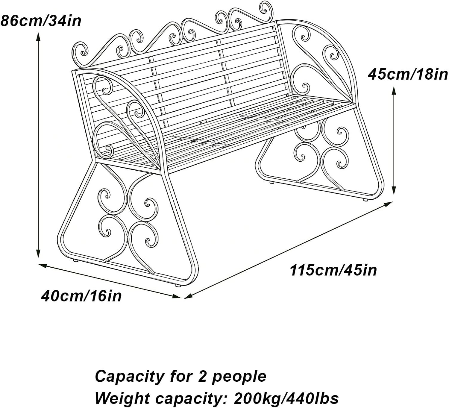 Outdoor Garden Bench with Curved Armrests, 440lbs Load Capacity Waterproof Iron Seating, Ideal for Courtyard Park and Porch(Pink)