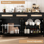 HOKYHOKY Rattan Sideboard Buffet Cabinet, Boho Storage Cabinet with Adjustable Shelves, Farmhouse Credenza Coffee Bar Cabinets with 4 Doors & 3 Drawers for Living Room, Hallway & Kitchen