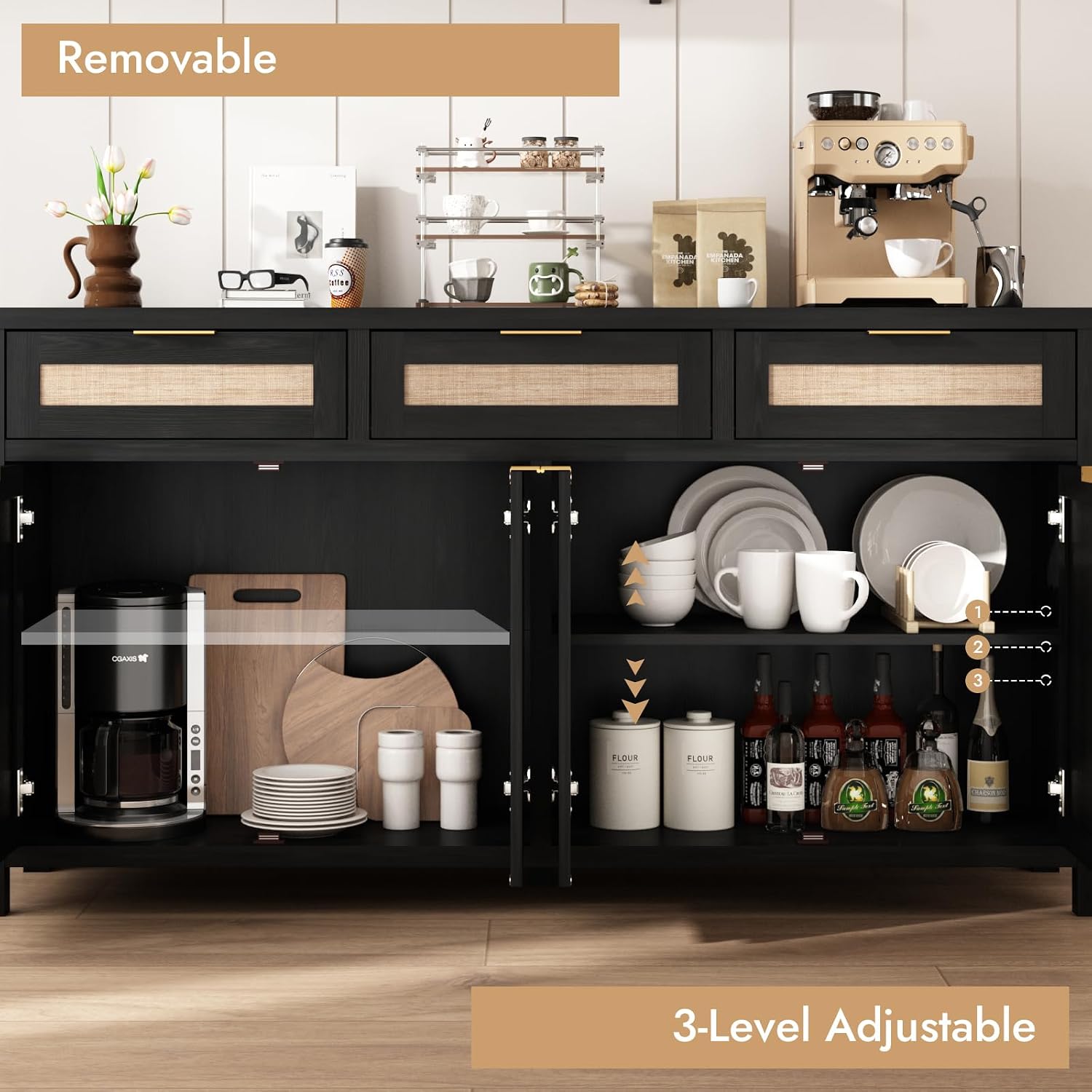 HOKYHOKY Rattan Sideboard Buffet Cabinet, Boho Storage Cabinet with Adjustable Shelves, Farmhouse Credenza Coffee Bar Cabinets with 4 Doors & 3 Drawers for Living Room, Hallway & Kitchen
