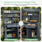 TOPMAX Potting Bench, Garden Prep Cart with Lockable Wheels, Large Storage Cabinet, Outdoor Kitchen Island, Drawers & Removable Shelves, Perfect for Grilling and Gardening Activities, Gray