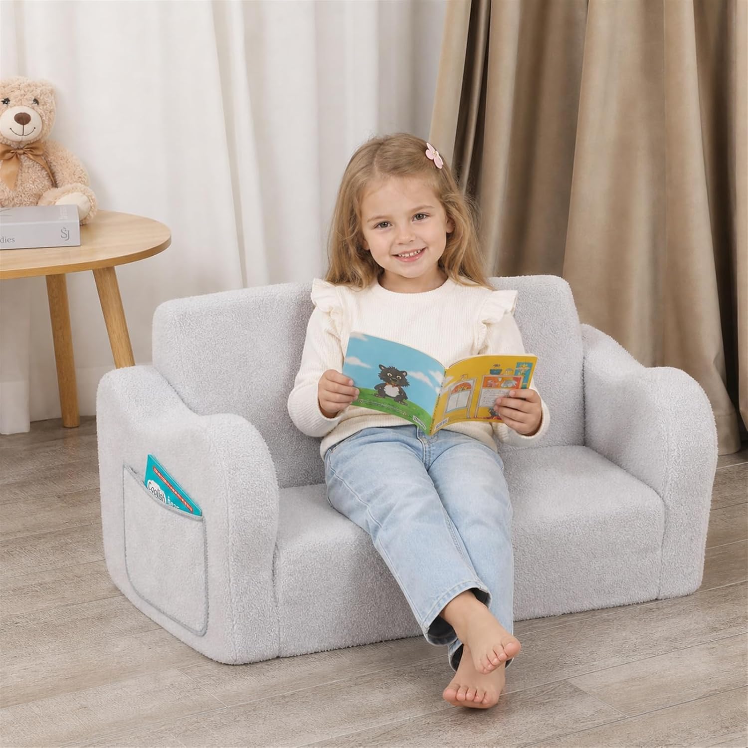 Extra Wide Toddler Chair, 2-in-1 Toddler Couch Fold Out, Convertible Kids Sofa to Lounger for Boys & Girls, Grey