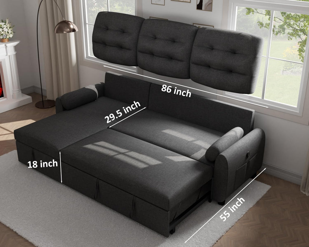 86" Sleeper Sofa Bed, Pull Out Couch Bed with Reversible Storage Chaise, Sectional Couches for Living Room with Side Pocket | Charging Station | Removable Backrest | Prime Linen, Dark Grey