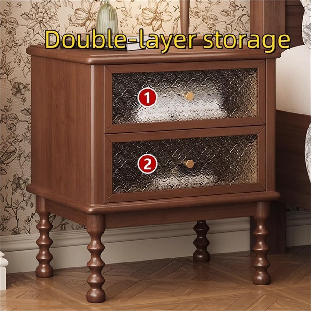 Vintage Wooden Nightstand Antique Bedside Table with 2 Floral Glass Drawers Mid-Century Modern Storage Cabinet End Table Creative idea(Black)