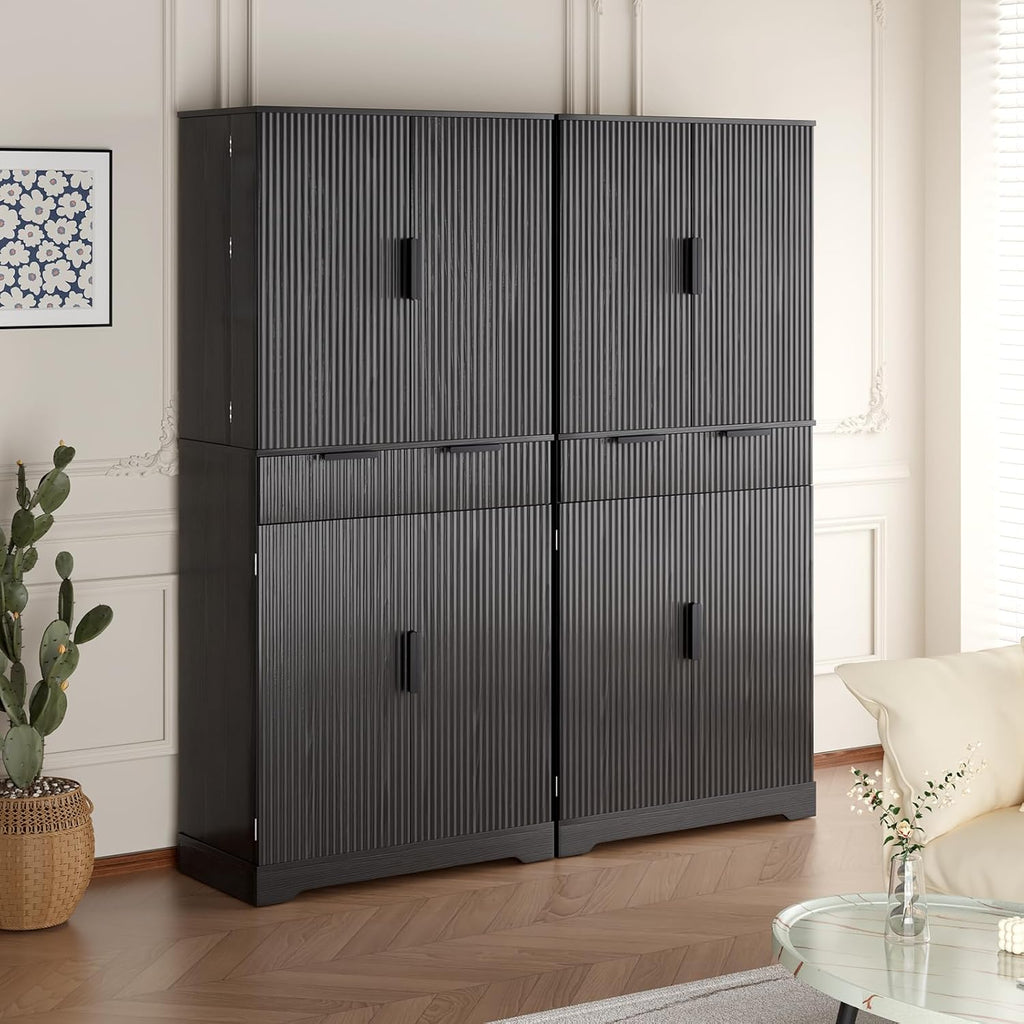 72” Kitchen Pantry Cabinet, Fluted Kitchen Cupboard with Doors and Large Drawer,Tall Storage Cabinet with Adjustable Shelves for Dining Room, Bathroom,Living Room(Black)