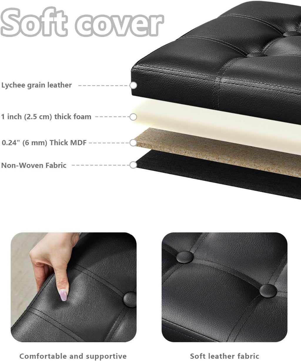 Bsketa Storage Ottoman, Folding Foot Stool with Thicker Foam Padded Seat Small Leather Storage Ottoman Bench Foot Rest for Living Room Foldable Coffee Table 17x13x13in,Black