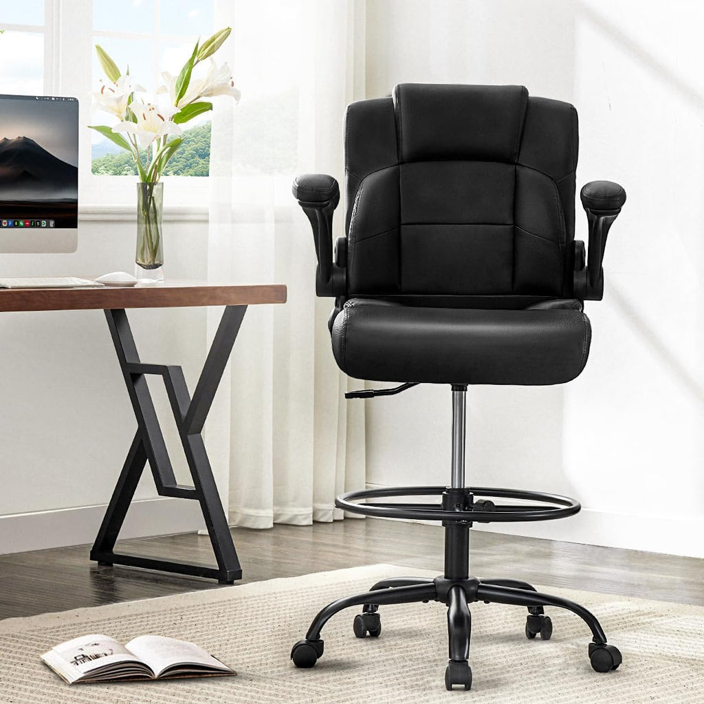 Pu Leather Drafting Chair,Tall Office Chair for Standing Desk with Footring,Counter Height Adjustable High Office Chair with Flip-up Armrests for Home,Drawing