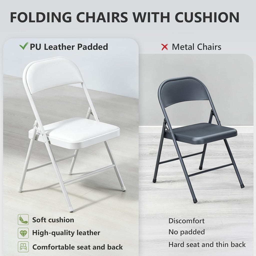 Padded Folding Chairs 2 Pack, PU Leather Folding Chairs for Outside and Indoor, Heavy Duty Portable Foldable Metal Chairs for Home Office, Dorm, Party, Backyard, Patio, White