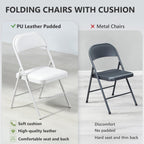 Padded Folding Chairs 2 Pack, PU Leather Folding Chairs for Outside and Indoor, Heavy Duty Portable Foldable Metal Chairs for Home Office, Dorm, Party, Backyard, Patio, White