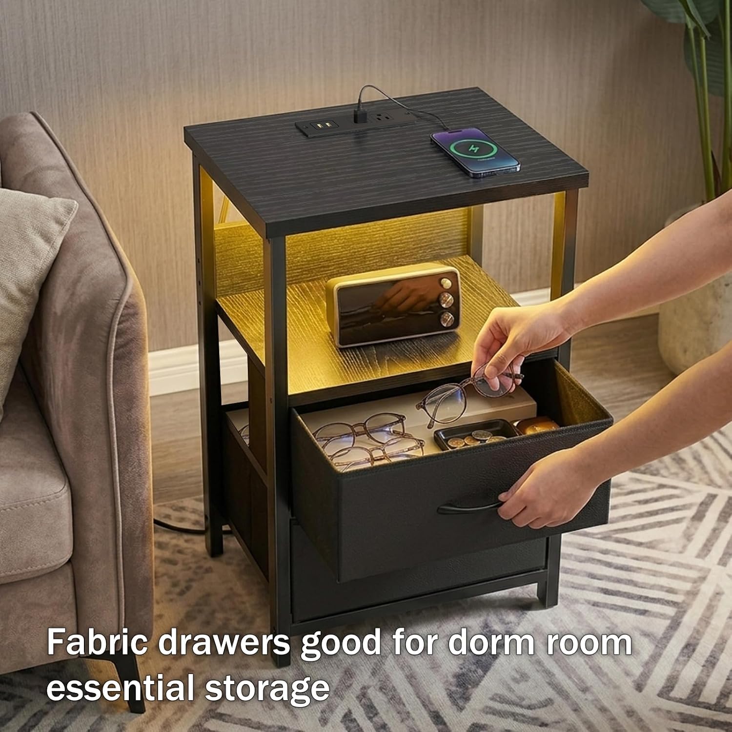 Fixwal Night Stand with Charging Station (2 AC Outlets & 2 U-S-B Ports) LED Nightstand Small Dorm Room Furniture, 2 Fabric Storage Drawers, Bedside Table End Tables Bedroom, Modern Black