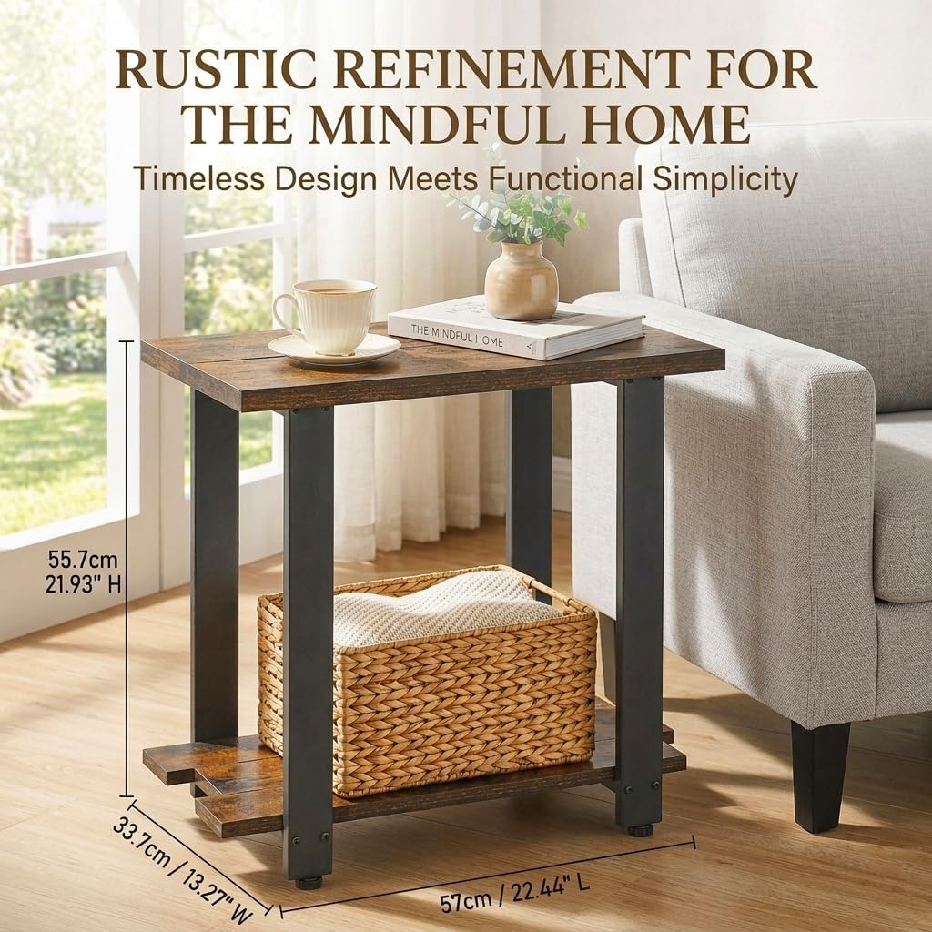 Transitional Narrow End Table, 2-Tier Rustic Side Table with Storage Shelves, Modern Farmhouse Industrial Nightstand for Living Room, Bedroom, Small Spaces, Couch, Rustic Brown