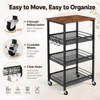 Homleke 4-Tier Rolling Kitchen Storage Cart, Utility Cart with Wooden Tabletop & Metal Baskets, Fruit Vegetable Basket for Kitchen, 3-S Hooks, Rustic Brown and Black