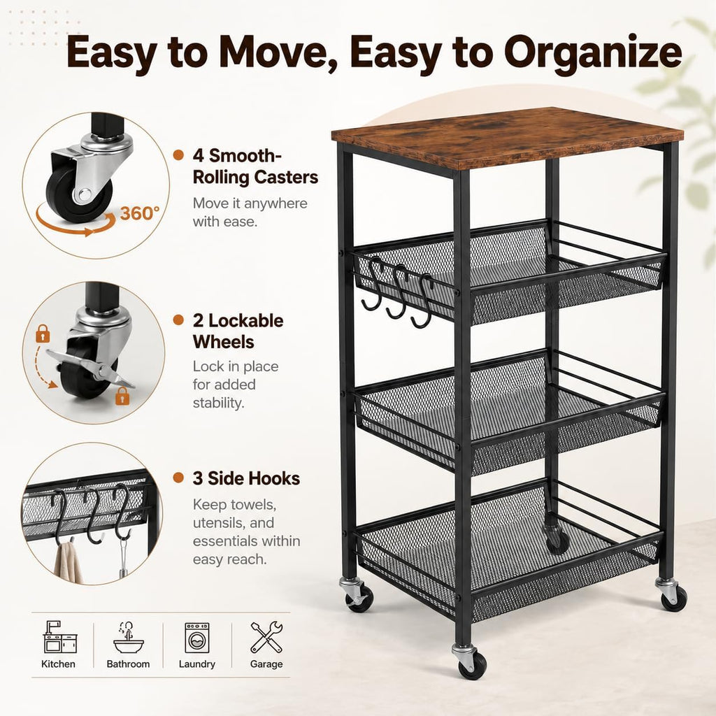Homleke 4-Tier Rolling Kitchen Storage Cart, Utility Cart with Wooden Tabletop & Metal Baskets, Fruit Vegetable Basket for Kitchen, 3-S Hooks, Rustic Brown and Black