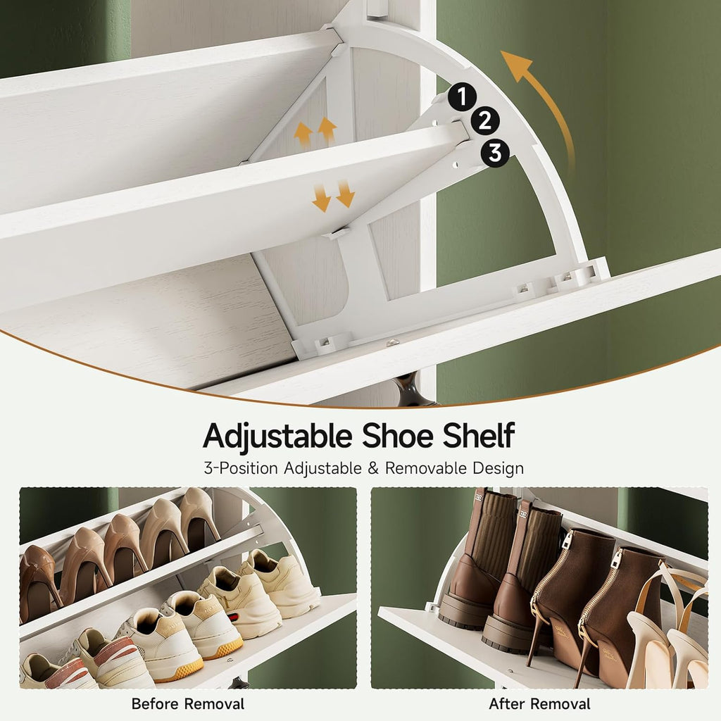 ONBRILL Shoe Cabinet with 4 Flip Drawers, Freestanding Ultra Slim Hidden Shoe Organizer with Classic Arched Pattern, 16-24 Pairs Shoe Storage Cabinet for Entryway Hallway Living Room (White)