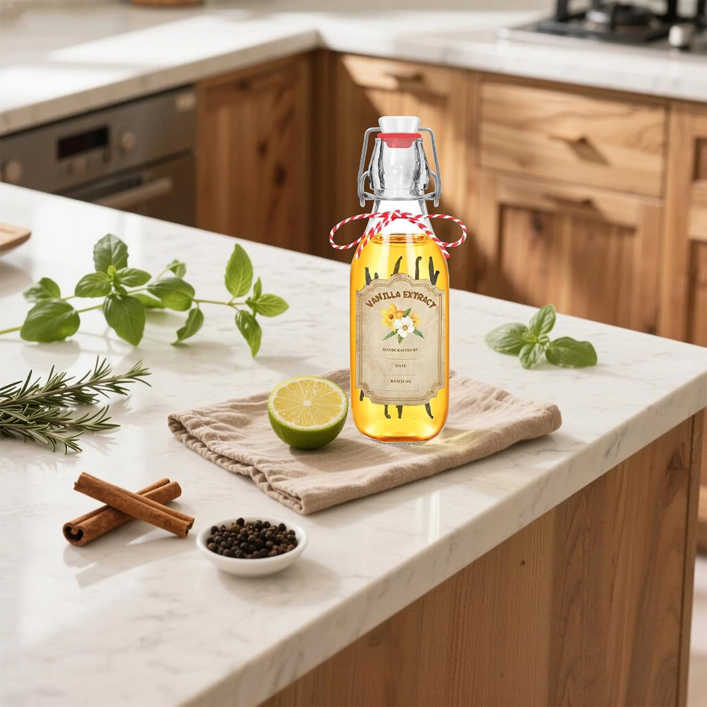 10 Pack Swing Top Glass Vanilla Extract Bottles 8 oz with Lids, Vanilla Extract Labels and Funnel, Glass Boston Bottles for Syrup Gift, Flip Top Jars