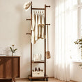 Solid Wood Coat Rack with Wheels - 2-Tier Freestanding Clothing Rack with 5 Hooks & Storage Shelves, Heavy Duty Rolling Clothes Stand for Entryway, Bedroom, Corner