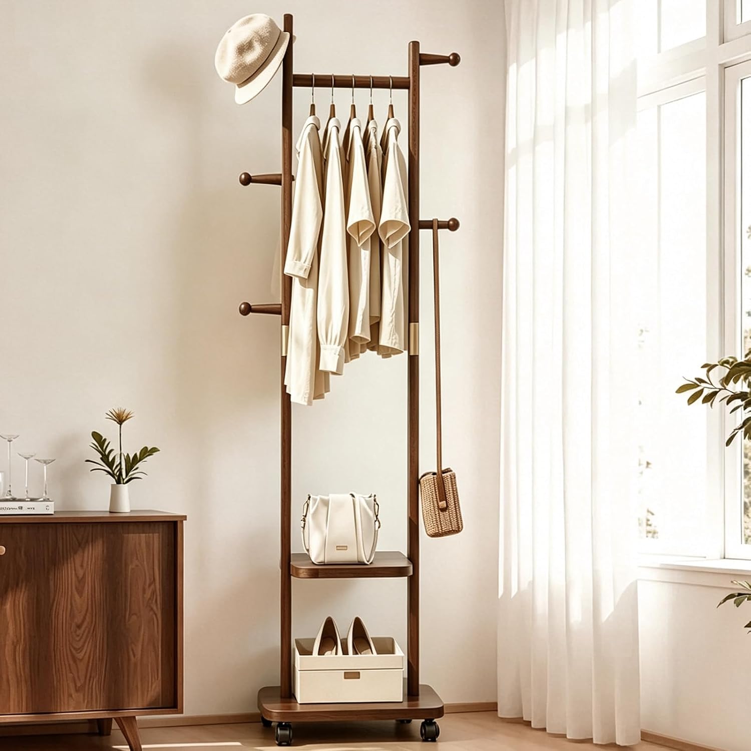 Solid Wood Coat Rack with Wheels - 2-Tier Freestanding Clothing Rack with 5 Hooks & Storage Shelves, Heavy Duty Rolling Clothes Stand for Entryway, Bedroom, Corner
